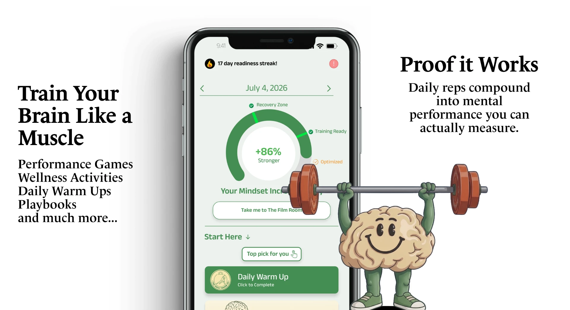 AthletesTogether app screen showing a brain lifting weights next to a Daily Mindset Increase ring, with the phrases Train Your Brain Like a Muscle and Proof it Works